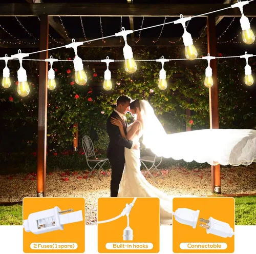 Vista 7 de SUFEIMAS - Cadena de luces para exteriores de 100 pies, IP65 a prueba de agua, bombillas LED de plástico 30+2, 2700K, luces blancas para patio Blanco