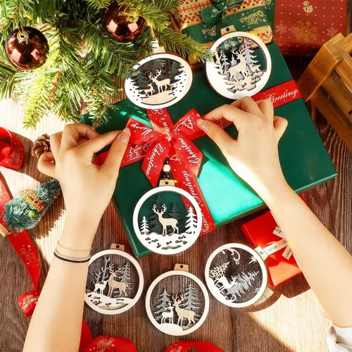 Vista 7 de 6 adornos de Navidad de madera con purpurina para árbol de madera de invierno del país de las maravillas, decoraciones colgantes de Feliz Navidad