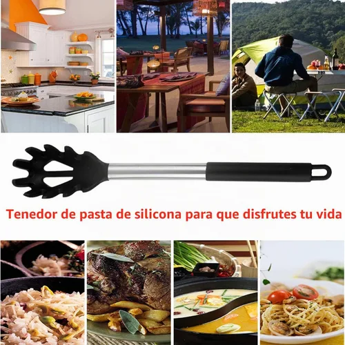 Vista 7 de Tenedor de silicona para pasta, cuchara de espagueti, para cocina, resistente al calor, cuchara de pasta de grado alimenticio con mango de acero