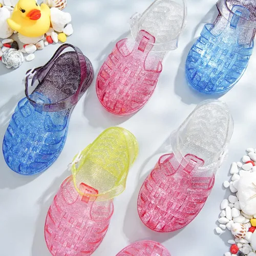 Vista 9 de USHOBE Sandalias de jalea de princesa para niñas, sandalias de verano para la playa, zapatos de gelatina con purpurina, sandalias planas