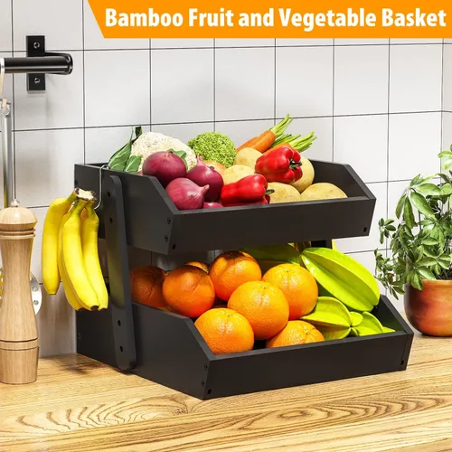 Vista 5 de Gmtsl Cesta de frutas de bambú para cocina, frutero de 2 niveles para encimera de cocina, soporte grande para frutas con 2 ganchos para plátanos