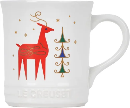 Vista 4 de Le Creuset - Taza de cerámica de la colección Noel: Reno, 14 onzas, blanco con aplicación Noel Collection