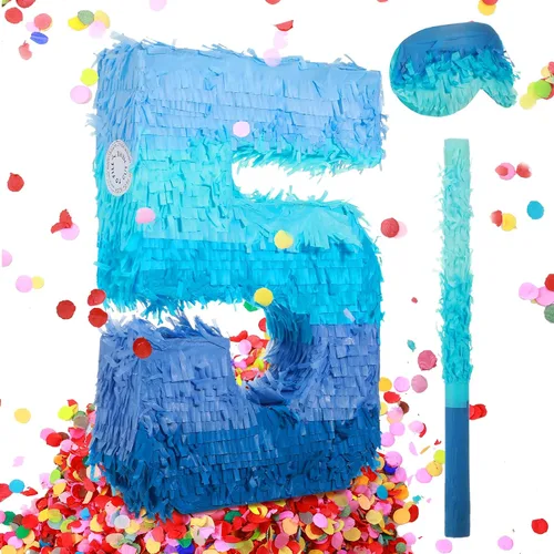 Vista 8 de Sratte Piñata Número 1 2 3 4 5 6 7 8 9 con Palo, Venda para los Ojos, Confeti, Piñata Azul Degradado para Niños y Niñas Fiestas de Cumpleaños