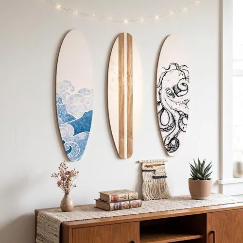 Vista 5 de RattanView Juego de 3 piezas de decoración de pared de tabla de surf de 11.8 x 3.4 pulgadas, tabla de surf de madera con ondas de playa, verano