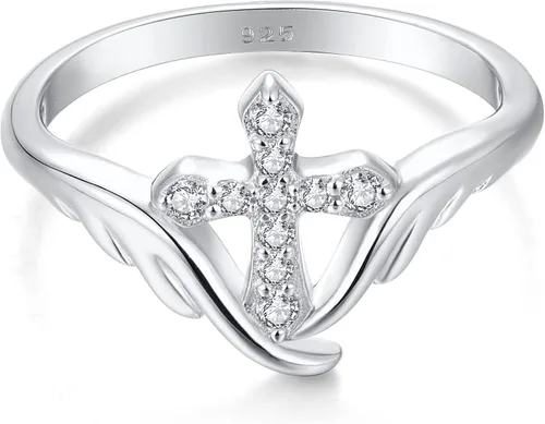 Vista 10 de STARCHENIE Cross Ring 925 Sterling Silver Angel Wings Ring for Women Size 5-10 02-Amatista-Febrero