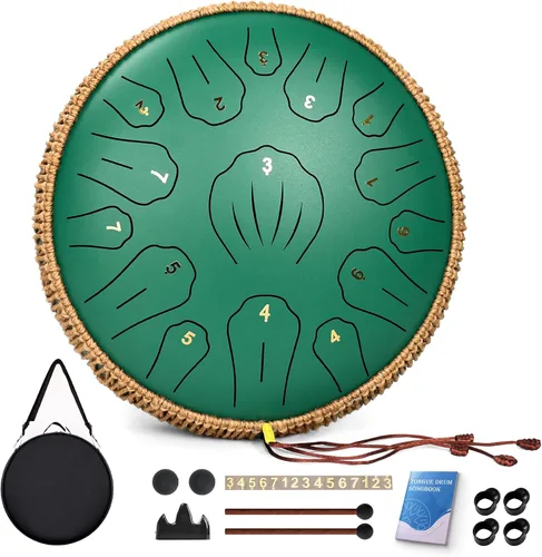 Vista 11 de Tambor de Lengua de Acero - 12 Pulgadas 15 Notas, Tambores de Lengua de Acero para Niños y Adultos, Handpan de Acero con Mazos, Hang Drum con Libro