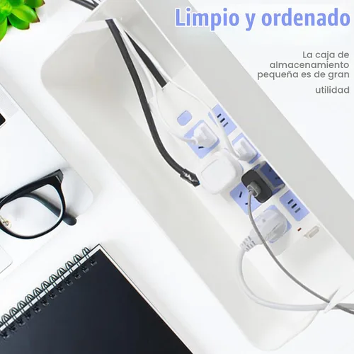 Vista 7 de Caja de ordenamiento de cables blanco con tapa de bambú, organizador de cables, caja de gestión de cables para ocultar cables y enchufes