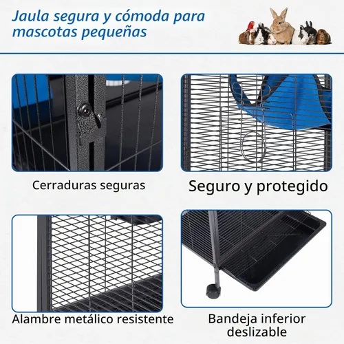 Vista 2 de Kit de jaula de acero de 4 niveles para animales pequeños para conejillos de indias, hurón, conejito con ruedas, frenos, hamaca, 4 plataformas
