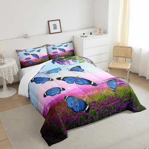 Vista 4 de Juego de ropa de cama de mariposa azul para adultos, mujeres y niñas, juego de edredón con estampado de lavanda morado, tamaño individual, diseño
