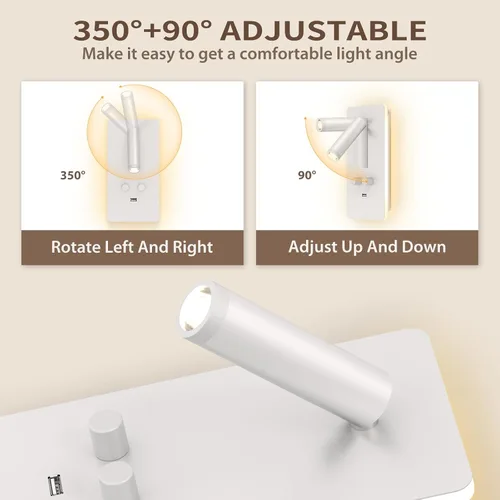 Vista 4 de M04 - Apliques regulables para montaje en pared, luz de lectura, lámpara de noche con puerto USB, enchufable, lámparas de pared con cable duro