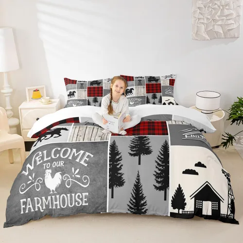 Vista 33 de Juego de funda de edredón para niños de ciervo, oso, lobo, tamaño individual, juego de ropa de cama de cabaña de aventura para niños, niñas
