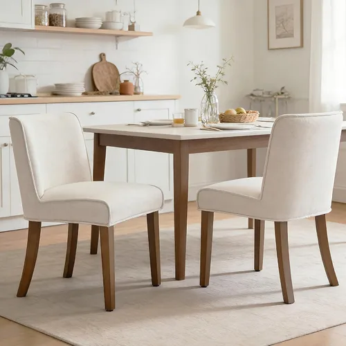 Vista 14 de Mid-Century - Juego de 6 sillas de comedor de tela de lino blanco sólido con patas de madera de nogal, respaldo acolchado, sillas laterales rústicas