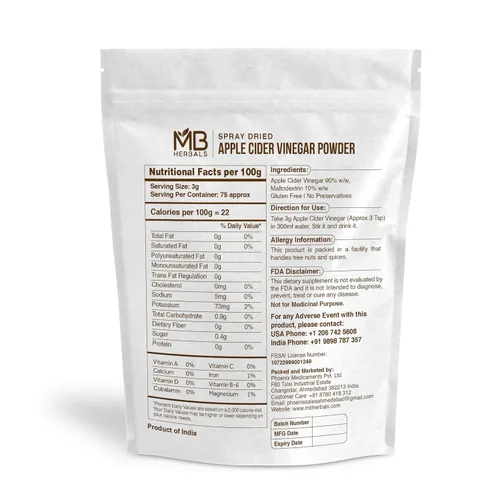 Vista 2 de MB Herbals Vinagre de sidra de manzana en polvo 8.01 oz (8 oz/media libra) 75 porciones secado por pulverización Sin gluten Sin