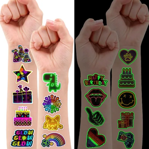 Vista 2 de 96 tatuajes temporales luminosos de neón que brillan en la oscuridad, 8 hojas de calcomanías lindas para niños, recuerdos de fiesta de cumpleaños