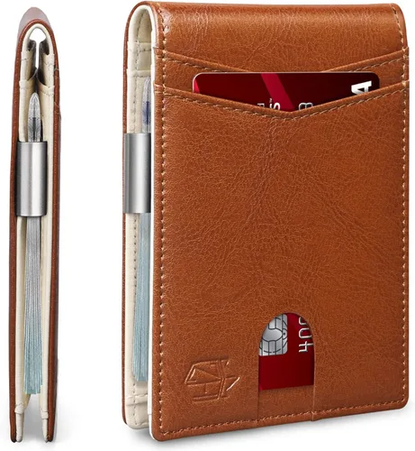 Vista 122 de Zitahli - Carteras delgadas con clip para dinero para hombre, tarjetero minimalista, de cuero, plegable, con bloqueo RFID, cartera de bolsillo