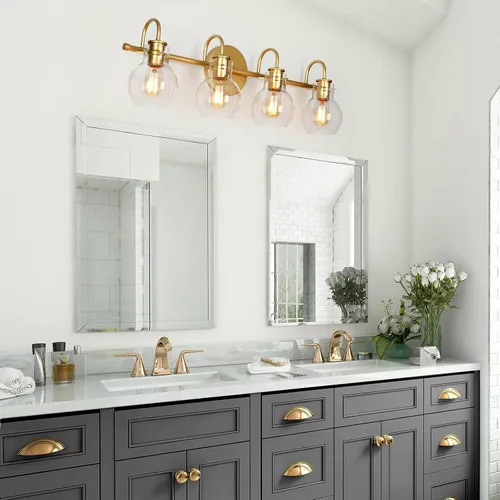 Vista 5 de KSANA Lámpara de tocador de baño, 4 luces de 28.5 pulgadas, grandes lámparas de baño doradas, modernas luces de tocador para baño con pantallas