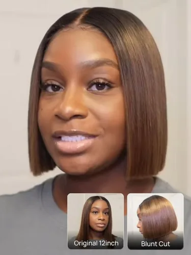 Vista 6 de Nadula Peluca Bob Recta Yaki Degradado Marrón Castaño con Cordón de Cabello Humano - Sin Pegamento Precortada 13X4 HD Pre Todo Peluca Frontal