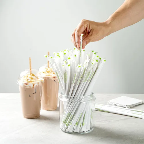 Vista 4 de Restaurantware - Pajitas desechables de 8.3 pulgadas Basic Nature, 100 popotes sostenibles, envueltos, no alteran los sabores, popote de PLA/café