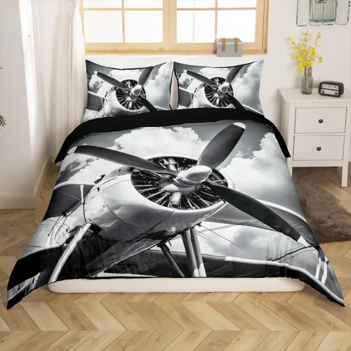 Vista 3 de Erosebridal Juego de ropa de cama con diseño de avión tamaño individual para niños y niñas, funda de edredón aeroespacial de aviación, gris y gris