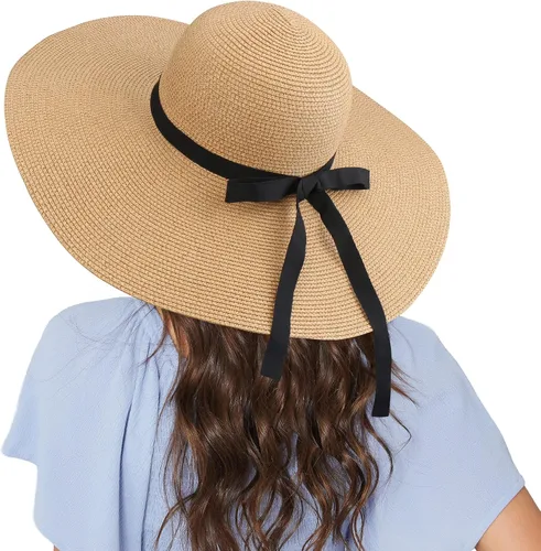 Vista 2 de Naivlizer Sombrero de sol de ala ancha para mujer, UPF50, sombrero de paja para verano, sombrero de playa flexible enrollable