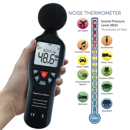 Vista 7 de Instrumento compacto medidor de nivel de sonido profesional con pantalla de retroiluminación Medición de alta precisión 30dB-130dB