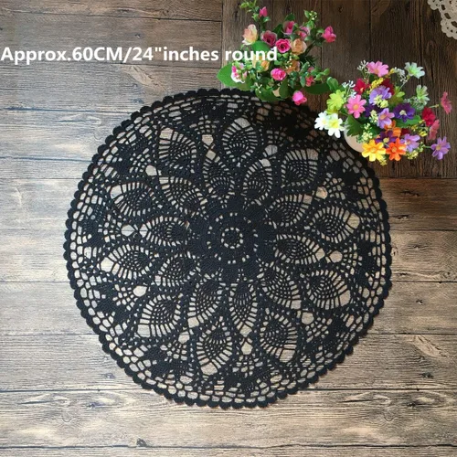 Vista 2 de MINDPLUS Tela de mesa de ganchillo de encaje de los tejidos del ganchillo de la mano del algodón Doily 24 pulgadas redondo negro