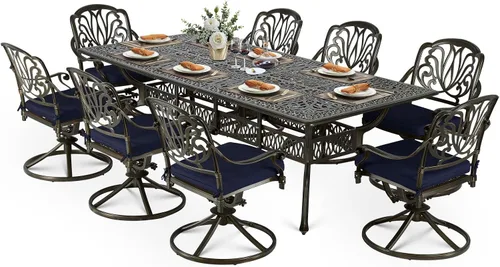 Vista 15 de VIVIJASON Juego de comedor al aire libre de 9 piezas, juego de mesa y sillas de patio de aluminio fundido para 8, incluye mesa rectangular de 94.5