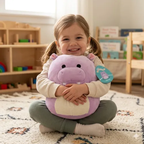 Vista 3 de Squishmallow Original de 10 Pulgadas Hanna La Hipopótamo de Navidad Morado - Peluche Oficial de Jazwares para las Fiestas - Juguetes de Animales