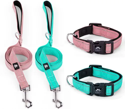 Vista 16 de IVY&LANE Juego de collar y correa reflectante para perro, collares de perro acolchados de neopreno ajustable para cachorros, collar de nailon