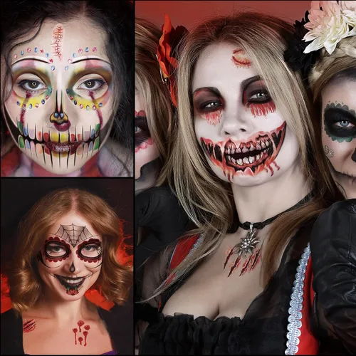 Vista 3 de 50 piezas de tatuajes faciales de broma de Halloween para adultos, mujeres y hombres, 10 calcomanías de terror para Halloween, 40 piezas de tatuajes