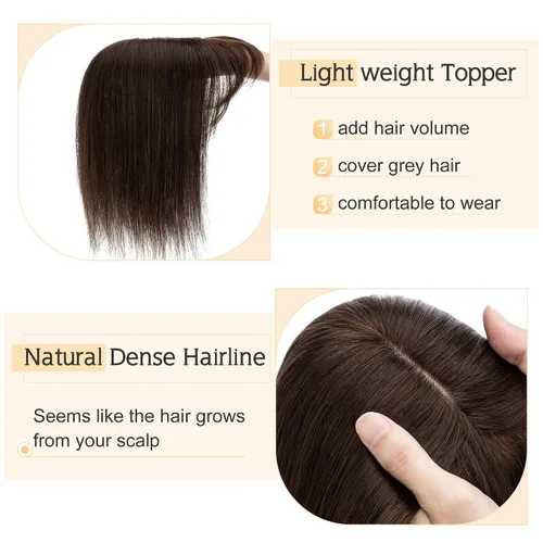 Vista 3 de SEGO Toppers para el cabello para mujer, cabello humano real con flequillo, 2.8 x 5.1 in, base de seda, 100% cabello humano Remy, clip en la parte