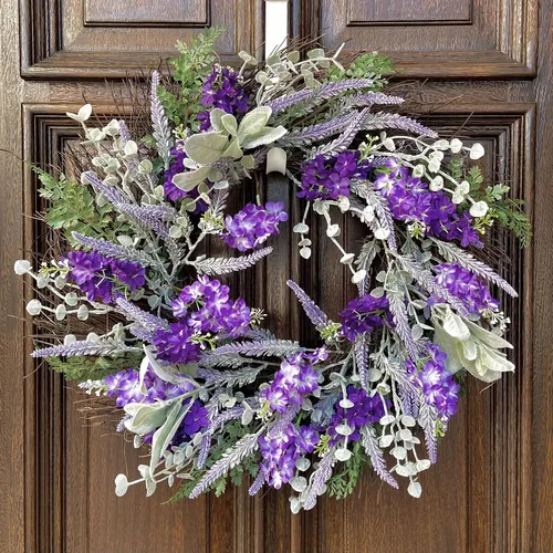 Vista 2 de Haute Decor Corona de lavanda artificial mixta con vid natural, corona de primavera de 24 pulgadas para puerta delantera con flores de lavanda