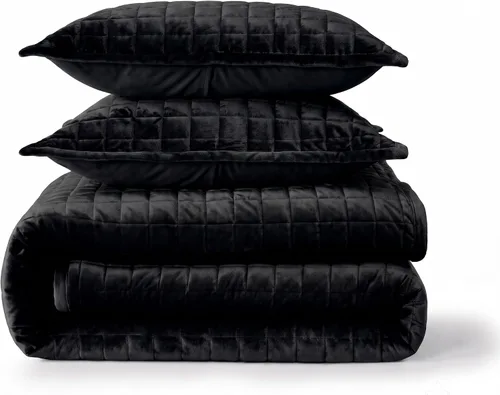 Vista 3 de Tribeca Living FLORENCEQUIKISI - Juego de acolchado Florencia, de terciopelo, sólido, tamaño grande), Negro, gemelo Ultra-Soft 260 GSM Plush