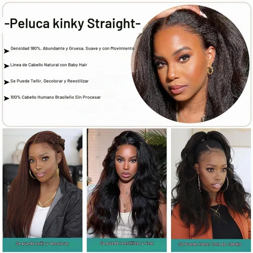 Vista 4 de Peluca de cabello humano liso natural de 14 pulgadas, sin pegamento, peluca de encaje frontal de 13 x 4, línea de cabello prearrancada con cabello