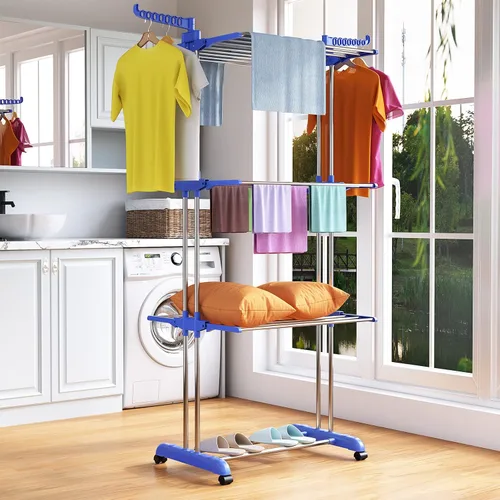 Vista 3 de Clothes Drying Rack Folding Clothes Rail 3 Tier Clothes Horses Rack Stainless Steel Laundry Garment Dryer Stand with Two Side Wings, Blue + Grey
