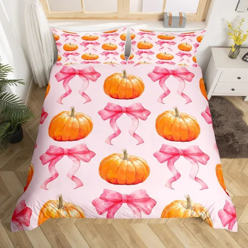 Vista 8 de Erosebridal Juego de funda de edredón individual de pavo de Acción de Gracias, juego de ropa de cama de calabaza y hojas de otoño para niños