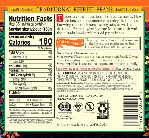 Vista 2 de Amy's Frijoles refritos orgánicos enlatados, frijoles tradicionales ligeros en sodio, veganos sin gluten y vegetarianos, 15.4 onzas (paquete de 12)
