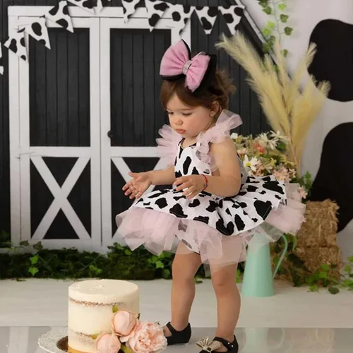 Vista 5 de Vestido de mameluco para niñas pequeñas con estampado de vaca, ropa de tul para recién nacidas, tutú elegante (multicolor, 3-4 años)