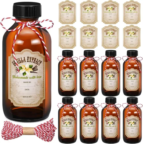 Vista 8 de Uiifan 8 Botellas de Extracto de Vainilla Boston Redondas con Tapas, Botella de Vidrio y 8 Etiquetas Adhesivas de Extracto de Vainilla para Jarabe