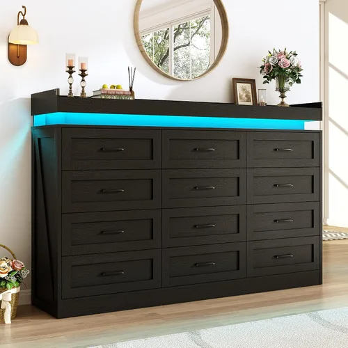 Vista 10 de Cómoda grande de 180 cm de ancho por 117 cm de alto con 12 cajones estilo granja para dormitorio con luz LED y tomas de corriente, cómoda de madera