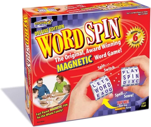 Vista 4 de Geospace Word Spin Deluxe Family Edition para adultos y niños – El galardonado juego de palabras magnético con 20 ruedas giratorias magnéticas