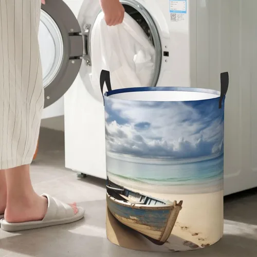 Vista 7 de Boat on the Beach print Circular Hamper Waterproof Storage Bin Organizer Basket Laundry Hamper With Handles For Clothes Toys Small
