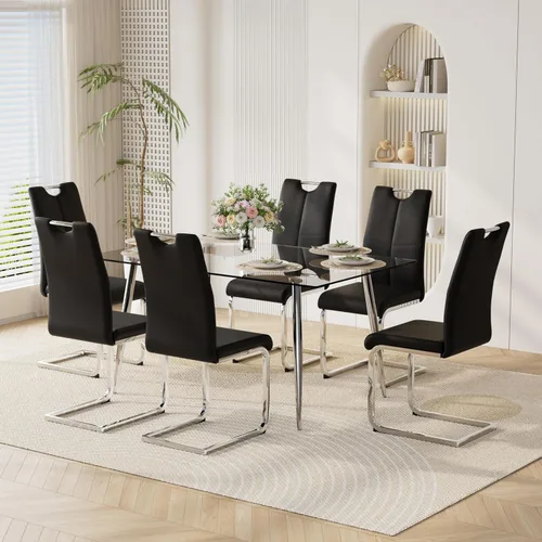 Vista 37 de Juego de mesa de comedor moderno de 51 pulgadas para 4 mesas rectangulares de cristal con 4 sillas tapizadas de cuero, asientos 4 ideales para Beige