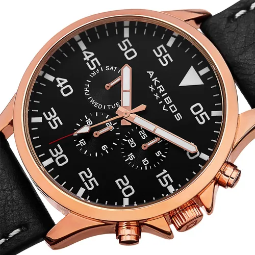 Vista 2 de Akribos XXIV Reloj suizo multifunción para hombre, 3 subesferas día, zona horaria doble, fecha y hora complicación en correa de cuero genuino AK773