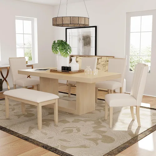 Vista 18 de JIVOIT Farmhouse 6 Piece Dining Table Set, Counter Height Table Set with 4 Chairs and a Bench, Rubber Wood Expandable Bar Table Set with Rivet Gris-3