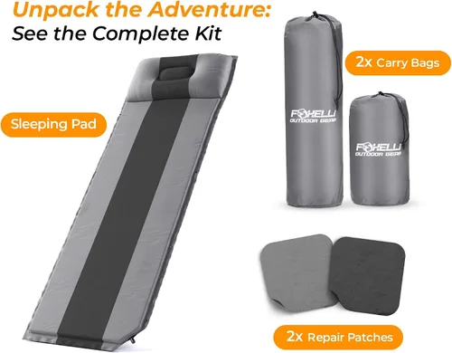 Vista 8 de Foxelli Almohadilla de dormir autoinflable para camping, mochilero, senderismo, espuma aislada, ligera, colchón inflable con almohada