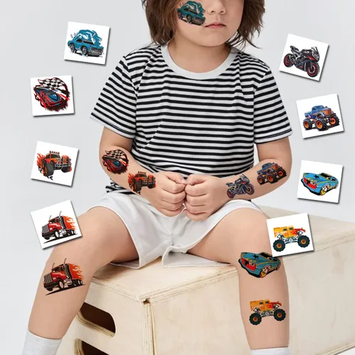 Vista 4 de CHARLENT 148 tatuajes temporales de autos de carreras y camión monstruo para niños, tatuajes individuales de automóvil GoKart para niños, regalos