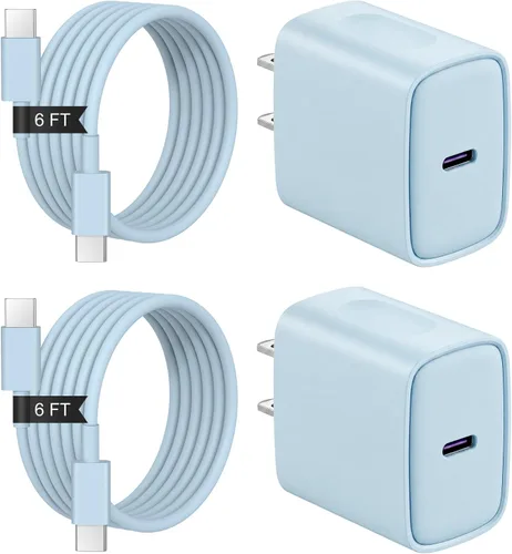 Vista 21 de Cargador de carga rápida para iPhone 17, 16, 15, paquete de 2+2 cargadores de pared USB C de 20 W con cable de carga rápida de 6 pies compatible