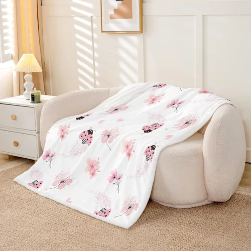 Vista 3 de Manta de forro polar con diseño de mariquita, diseño de mariquita, color rosa degradado con purpurina, para sofá o cama, manta Kawaii de dibujos