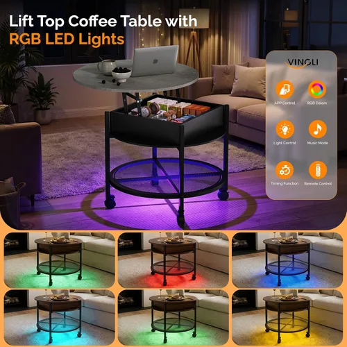 Vista 8 de VINGLI Mesa auxiliar redonda de 27 pulgadas con ruedas y luces, color negro Negro & gris